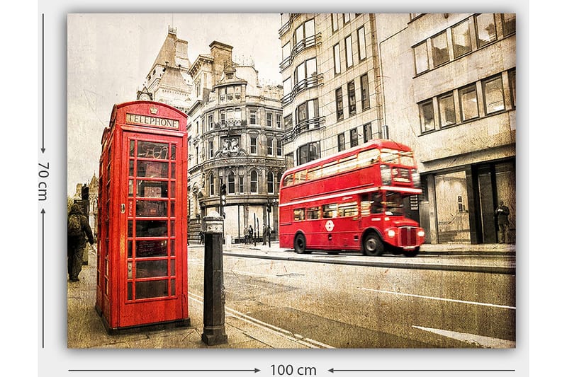 Canvastavla 70x100 cm - Klassisk röd telefonkiosk och en röd dubbeldäckare på en stadsgata - Röd / Grå - Inredning & dekor - Tavlor & konst - Canvastavla