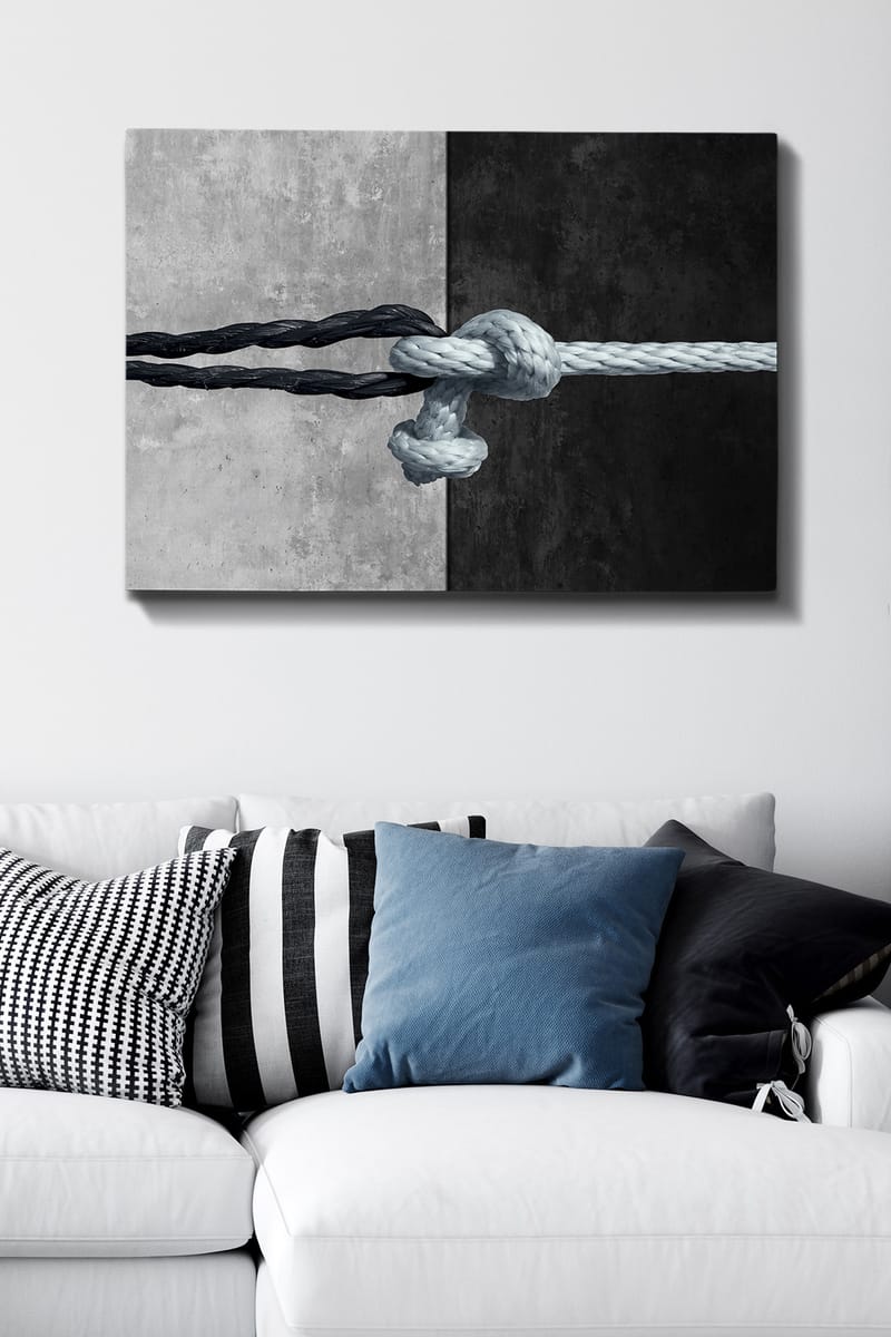 Canvastavla 70x100 cm - Knut av rep som förenar två kontrasterande ytor i svart och grått - Svart / Grå / Ljusblå - Inredning & dekor - Tavlor & konst - Canvastavla
