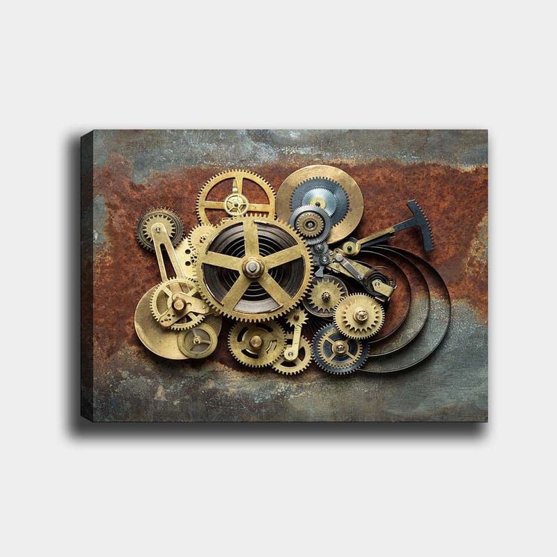 Canvastavla 70x100 cm - Komplex sammansättning av kugghjul och mekaniska delar i en industriell stil - Guld / Brunt / Svart - Inredning & dekor - Tavlor & konst - Canvastavla