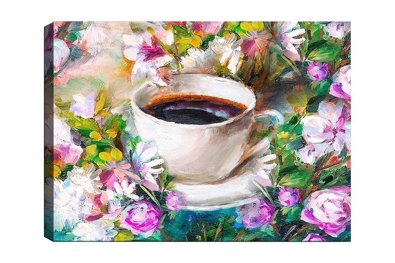 Canvastavla 70x100 cm - Kopp kaffe omgiven av färgglada blommor, Vit / Grön / Rosa