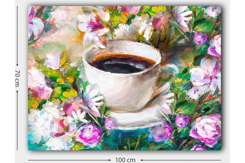 Canvastavla 70x100 cm - Kopp kaffe omgiven av färgglada blommor - Vit / Grön / Rosa - Inredning & dekor - Tavlor & konst - Canvastavla