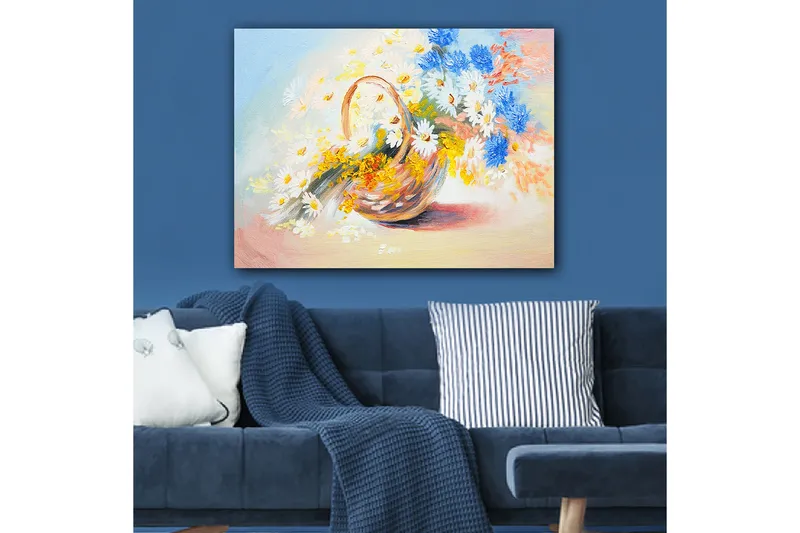 Canvastavla 70x100 cm - Korg fylld med färgglada blommor - Blå / Vit / Gul - Inredning & dekor - Tavlor & konst - Canvastavla