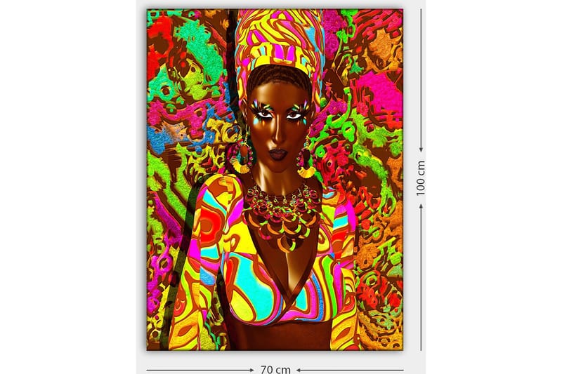 Canvastavla 70x100 cm - Kraftfull kvinna i färgglad klädsel med ett uttrycksfullt ansikte och smycken - Grön / Rosa / Orange - Inredning & dekor - Tavlor & konst - Canvastavla