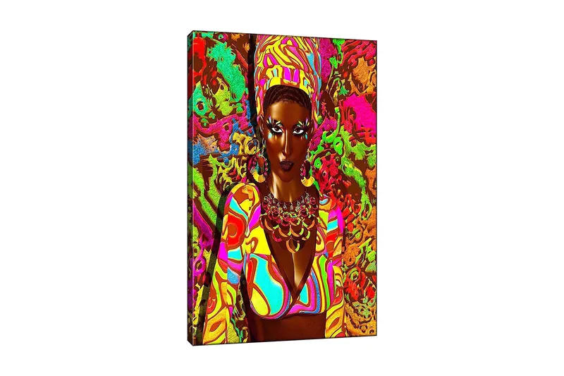 Canvastavla 70x100 cm - Kraftfull kvinna i färgglad klädsel med ett uttrycksfullt ansikte och smycken, Grön / Rosa / Orange