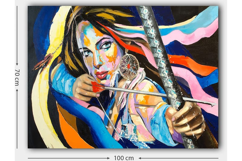 Canvastavla 70x100 cm - Kraftfull kvinna som spänner en pilbåge, omgiven av färgglada band - Blå / Röd / Gul - Inredning & dekor - Tavlor & konst - Canvastavla