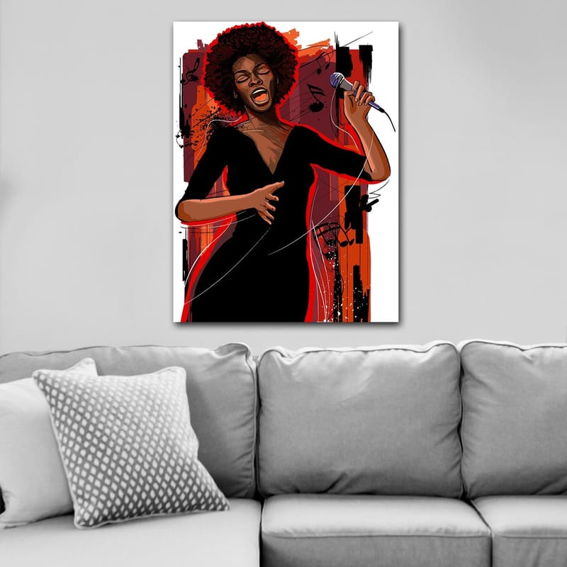 Canvastavla 70x100 cm - Kraftfull sångerska som uttrycker känslor genom sin musik - Röd / Svart / Brun - Inredning & dekor - Tavlor & konst - Canvastavla