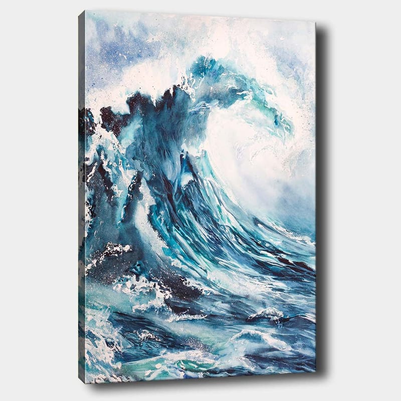 Canvastavla 70x100 cm - Kraftfull våg som bryter mot stranden, Mörkblå / Turkos / Vit