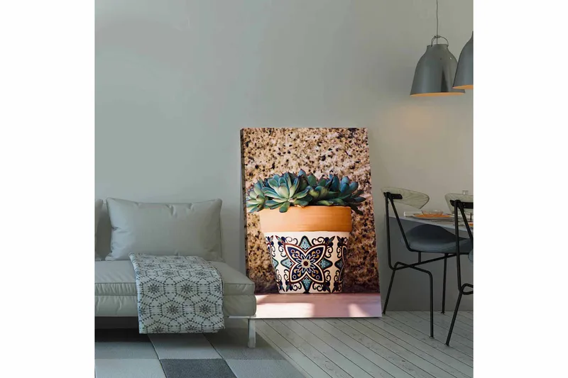 Canvastavla 70x100 cm - Kruka med succulenter i en dekorativ design, Grön / Terrakotta / Svart