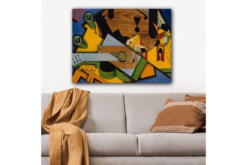 Canvastavla 70x100 cm - Kubistisk komposition med en gitarr och olika geometriska former - Grön / Gul / Blå - Inredning & dekor - Tavlor & konst - Canvastavla
