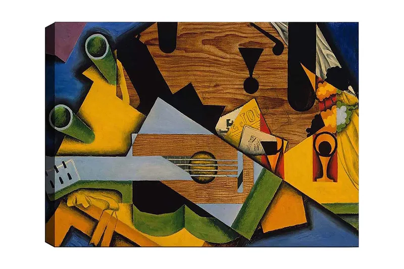 Canvastavla 70x100 cm - Kubistisk komposition med en gitarr och olika geometriska former - Grön / Gul / Blå - Inredning & dekor - Tavlor & konst - Canvastavla