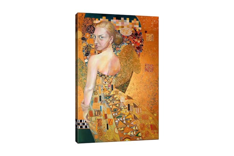 Canvastavla 70x100 cm - Kvinna i en elegant klänning med intrikata mönster, som vänder sig om med en uttrycksfull blick - Guld / Orange / Beige - Inredning & dekor - Tavlor & konst - Canvastavla