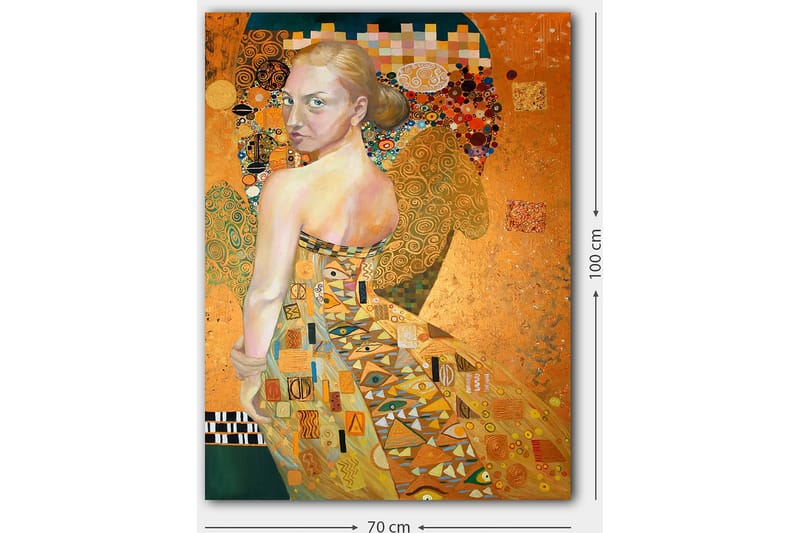 Canvastavla 70x100 cm - Kvinna i en elegant klänning med intrikata mönster, som vänder sig om med en uttrycksfull blick - Guld / Orange / Beige - Inredning & dekor - Tavlor & konst - Canvastavla
