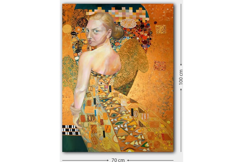 Canvastavla 70x100 cm - Kvinna i en elegant klänning med intrikata mönster, som vänder sig om med en uttrycksfull blick - Guld / Orange / Beige - Inredning & dekor - Tavlor & konst - Canvastavla