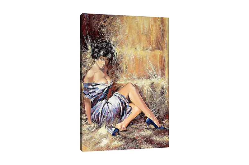 Canvastavla 70x100 cm - Kvinna i en elegant klänning som sitter avslappnat med en självsäker blick, Vit / Brun / Blå