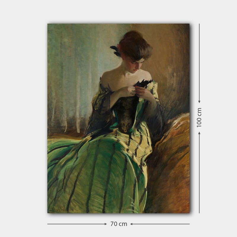 Canvastavla 70x100 cm - Kvinna i en grön klänning sitter och arbetar med något i händerna, djupt försjunken i sina tankar - Grön / Svart / Beige - Inredning & dekor - Tavlor & konst - Canvastavla