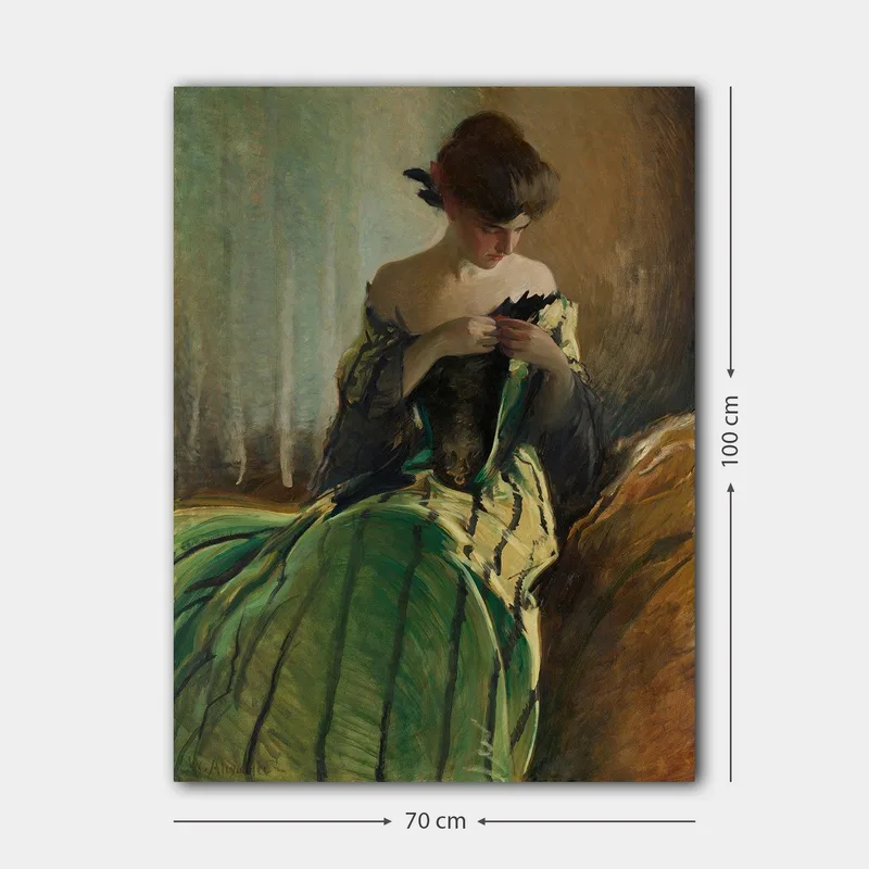 Canvastavla 70x100 cm - Kvinna i en grön klänning sitter och arbetar med något i händerna, djupt försjunken i sina tankar - Grön / Svart / Beige - Inredning & dekor - Tavlor & konst - Canvastavla
