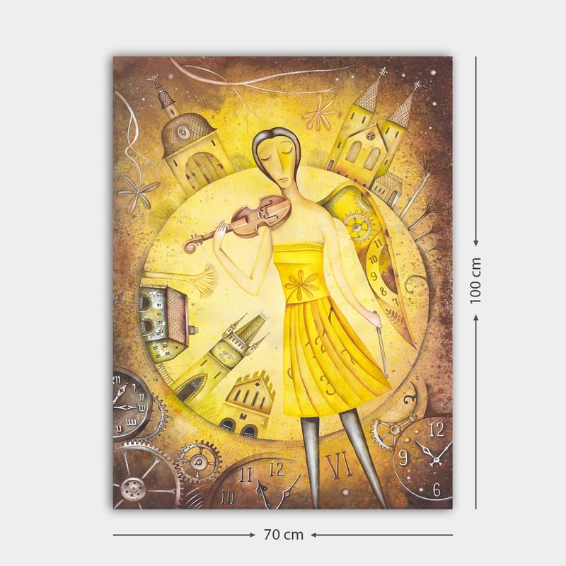 Canvastavla 70x100 cm - Kvinna i en gul klänning som spelar fiol, omgiven av klockor och byggnader - Gul / Brun - Inredning & dekor - Tavlor & konst - Canvastavla