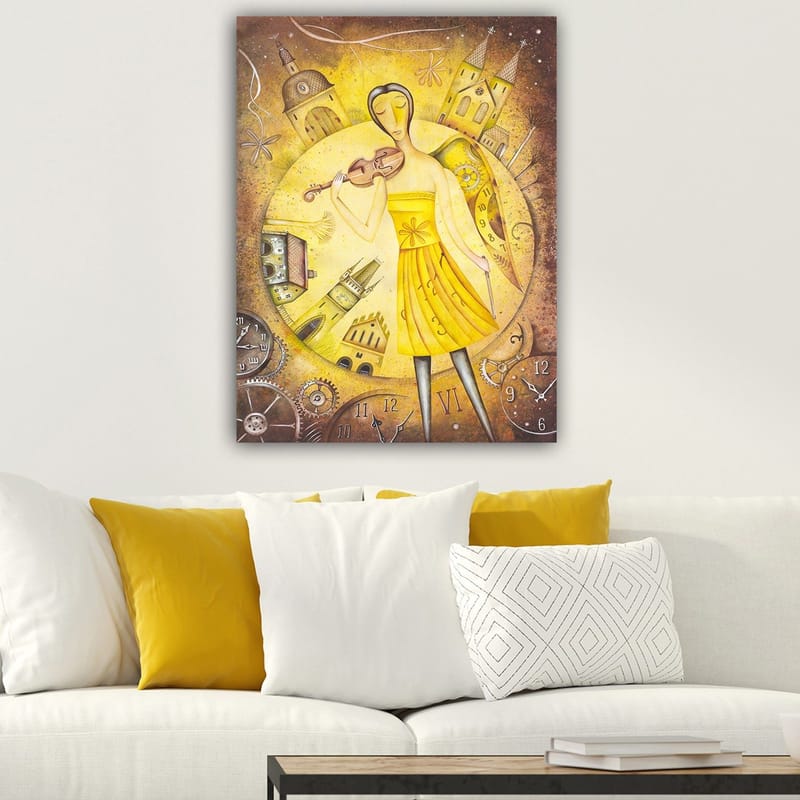 Canvastavla 70x100 cm - Kvinna i en gul klänning som spelar fiol, omgiven av klockor och byggnader - Gul / Brun - Inredning & dekor - Tavlor & konst - Canvastavla