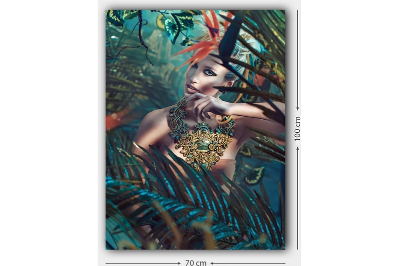 Canvastavla 70x100 cm - Kvinna i en tät, grönskande miljö med en intrikat smyckesdetalj som fångar uppmärksamheten - Mörkgrön / Turkos / Beige - Inredning & dekor - Tavlor & konst - Canvastavla