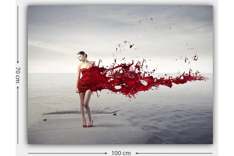 Canvastavla 70x100 cm - Kvinna i röd klänning som ser ut att släppa ifrån sig en färgsprutande rörelse - Röd / Beige - Inredning & dekor - Tavlor & konst - Canvastavla