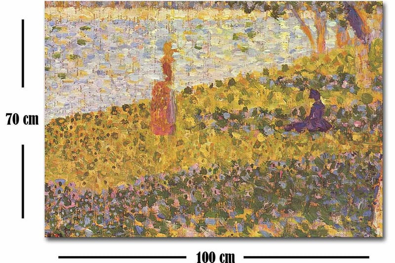 Canvastavla 70x100 cm - Kvinna i röd klänning som står på en blomstrande äng vid en sjö - Gult / Lila / Grönt - Inredning & dekor - Tavlor & konst - Canvastavla