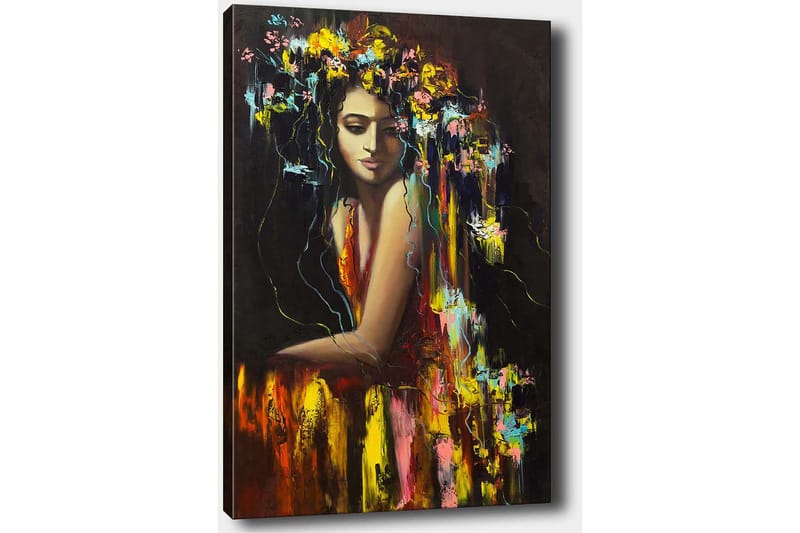 Canvastavla 70x100 cm - Kvinna med blommor i håret, som utstrålar en känsla av mystik och skönhet - Mörkröd / Gul / Grön - Inredning & dekor - Tavlor & konst - Canvastavla