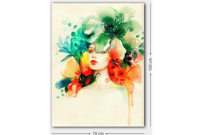 Canvastavla 70x100 cm - Kvinna med blommor och växtlighet som omger hennes huvud - Grön / Orange / Röd - Inredning & dekor - Tavlor & konst - Canvastavla