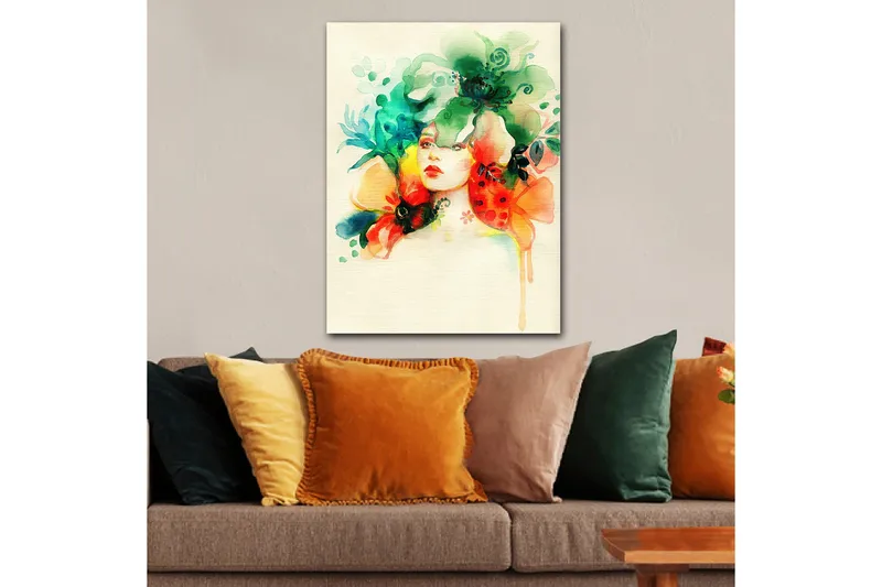 Canvastavla 70x100 cm - Kvinna med blommor och växtlighet som omger hennes huvud - Grön / Orange / Röd - Inredning & dekor - Tavlor & konst - Canvastavla