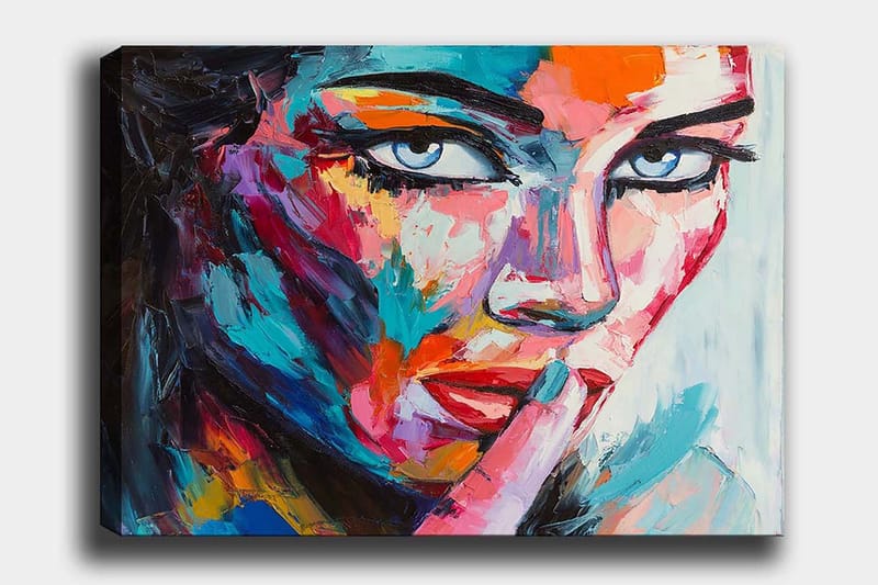 Canvastavla 70x100 cm - Kvinna med en mystisk blick som håller ett finger mot läpparna i en tyst gest, Blå / Röd / Orange