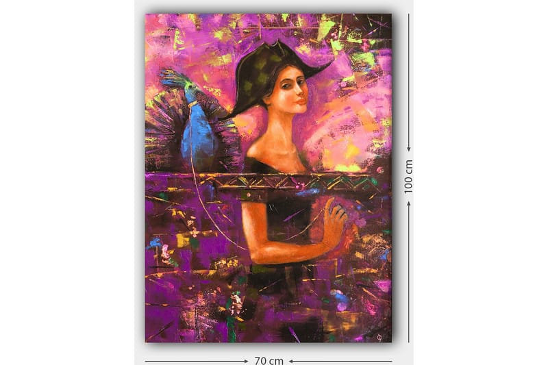 Canvastavla 70x100 cm - Kvinna med en stor hatt och vingar, som uttrycker en känsla av mystik och styrka - Lila / Blå / Orange - Inredning & dekor - Tavlor & konst - Canvastavla