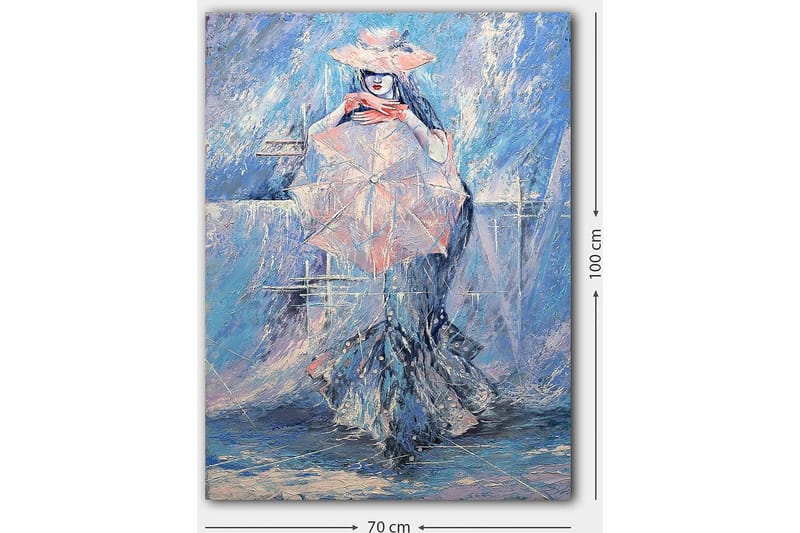 Canvastavla 70x100 cm - Kvinna med en parasoll klädd i en elegant klänning, omgiven av en drömlik, blåaktig bakgrund - Blå / Rosa / Vit - Inredning & dekor - Tavlor & konst - Canvastavla
