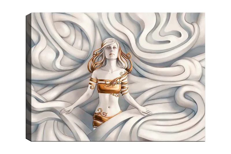 Canvastavla 70x100 cm - Kvinna med ett drömlikt uttryck omgiven av svängande, mjuka former, Vit / Guld / Beige