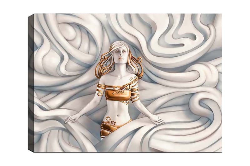 Canvastavla 70x100 cm - Kvinna med ett drömlikt uttryck omgiven av svängande, mjuka former, Vit / Guld / Beige