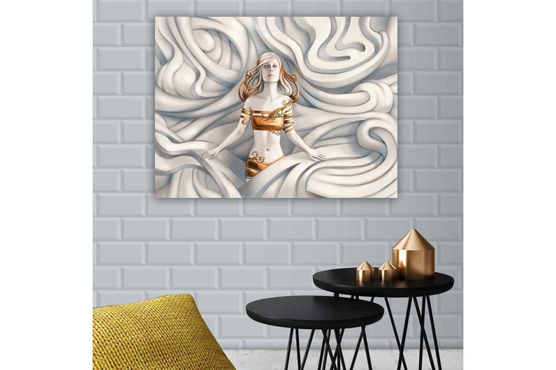 Canvastavla 70x100 cm - Kvinna med ett drömlikt uttryck omgiven av svängande, mjuka former - Vit / Guld / Beige - Inredning & dekor - Tavlor & konst - Canvastavla
