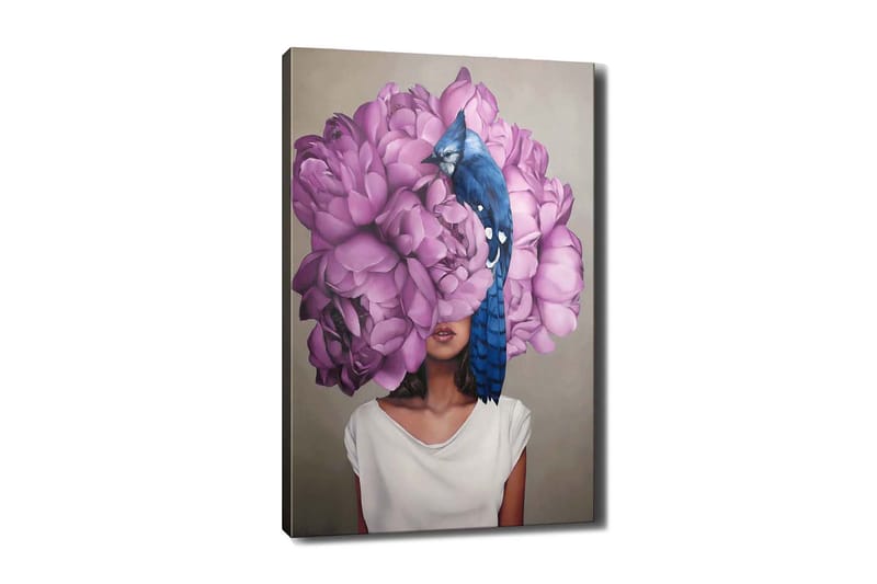 Canvastavla 70x100 cm - Kvinna med ett huvud av stora, lila blommor och en blå fågel som sitter på blommorna - Lila / Blå - Inredning & dekor - Tavlor & konst - Canvastavla