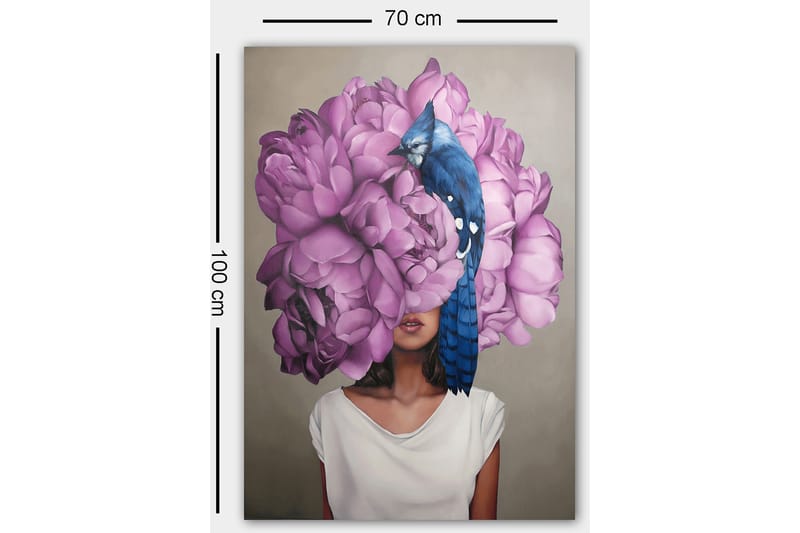 Canvastavla 70x100 cm - Kvinna med ett huvud av stora, lila blommor och en blå fågel som sitter på blommorna - Lila / Blå - Inredning & dekor - Tavlor & konst - Canvastavla