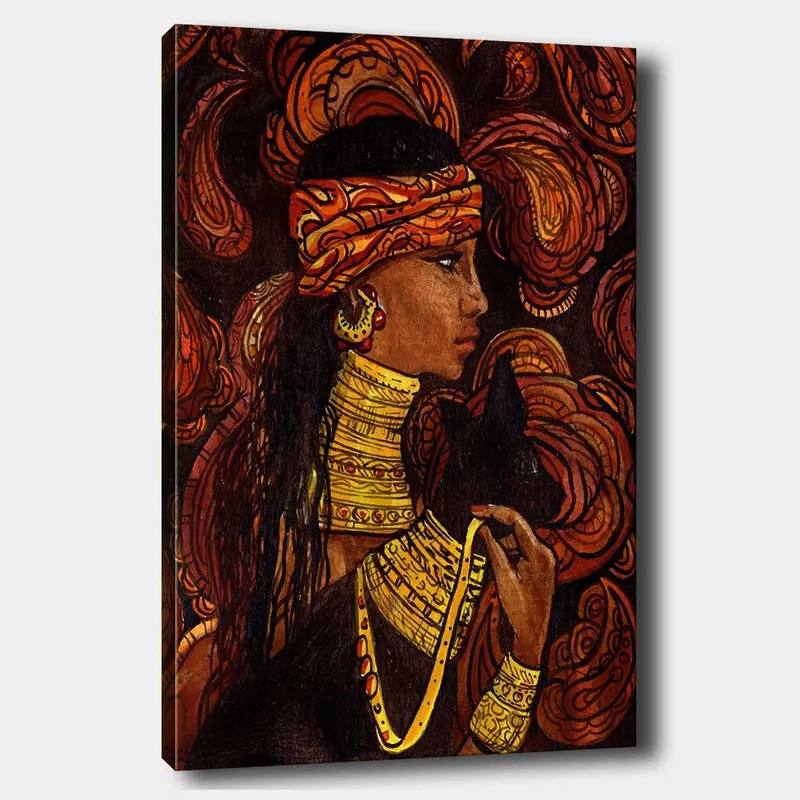 Canvastavla 70x100 cm - Kvinna med ett svart djur, omgiven av svängande mönster i varma färger, Röd / Orange / Svart