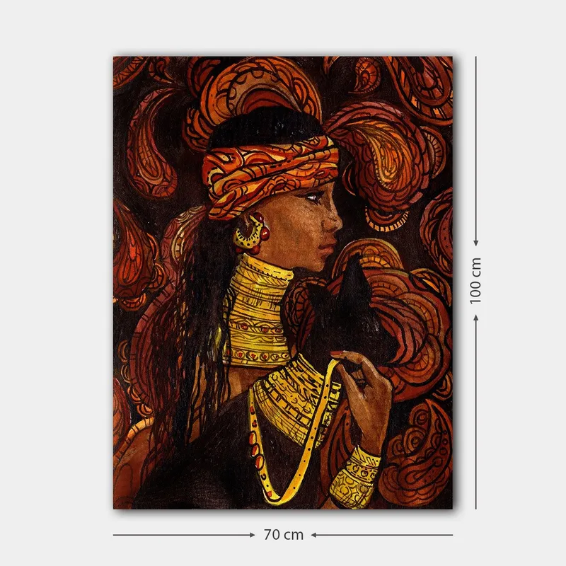 Canvastavla 70x100 cm - Kvinna med ett svart djur, omgiven av svängande mönster i varma färger - Röd / Orange / Svart - Inredning & dekor - Tavlor & konst - Canvastavla