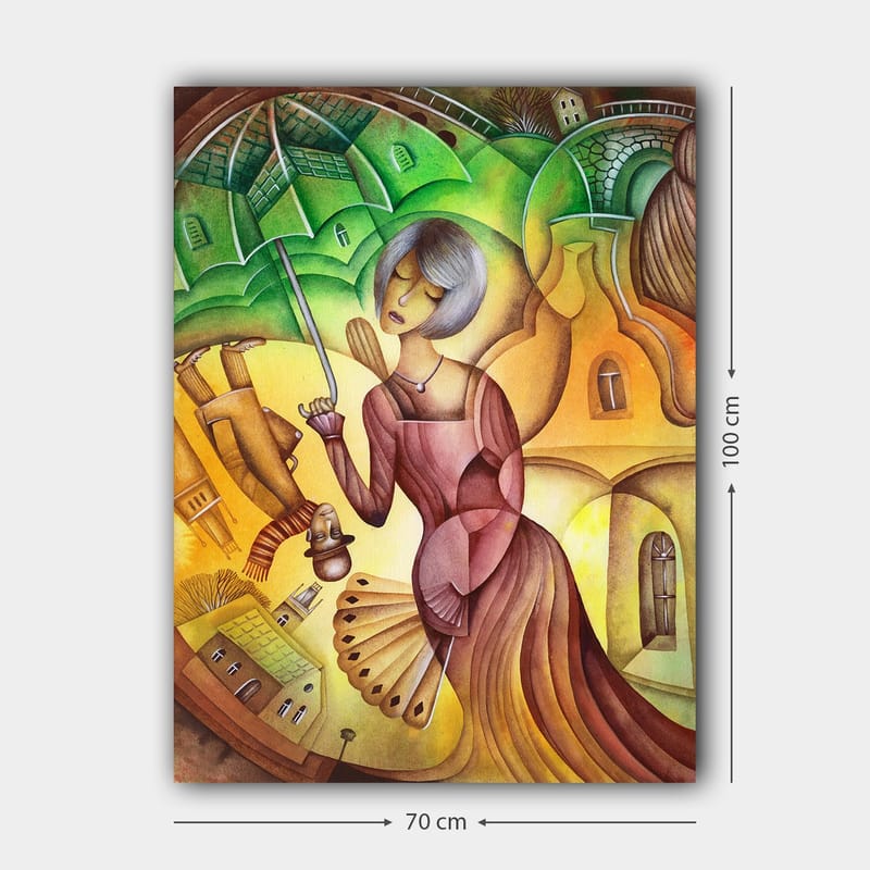 Canvastavla 70x100 cm - Kvinna med ett paraply i en färgglad och stiliserad landskapsmiljö - Grön / Gul / Brun - Inredning & dekor - Tavlor & konst - Canvastavla