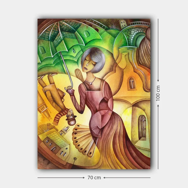 Canvastavla 70x100 cm - Kvinna med ett paraply i en färgglad och stiliserad landskapsmiljö - Grön / Gul / Brun - Inredning & dekor - Tavlor & konst - Canvastavla