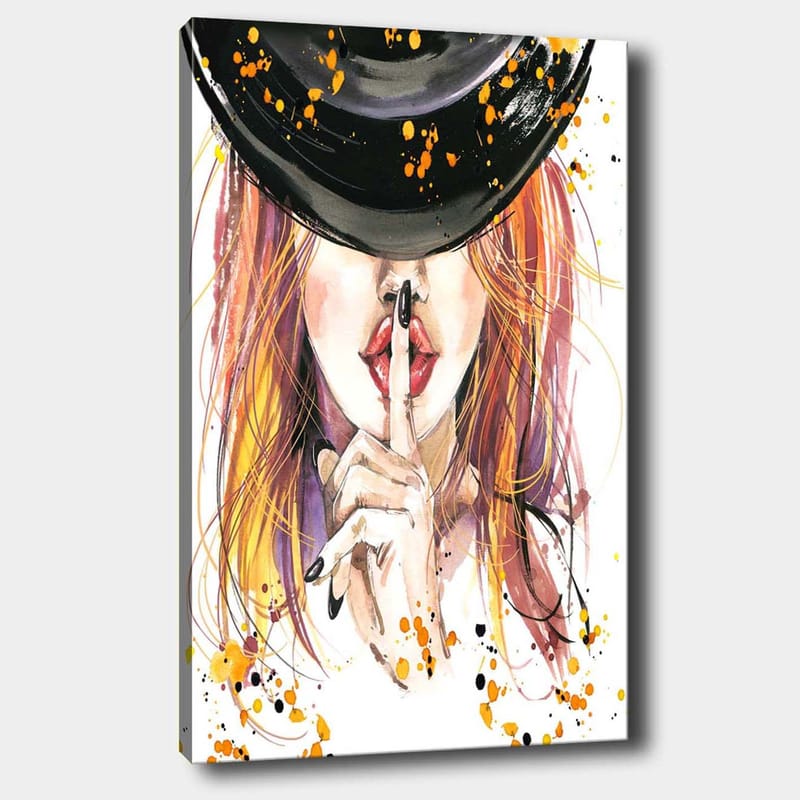 Canvastavla 70x100 cm - Kvinna med rödaktigt hår som håller ett finger mot läpparna i en tystnadsgest, Röd / Svart / Orange