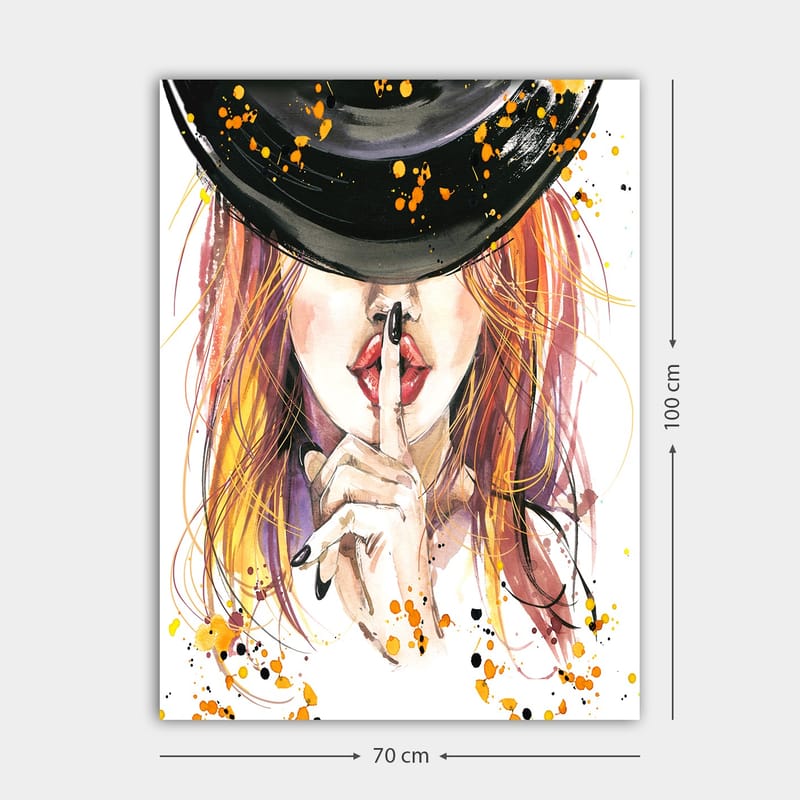 Canvastavla 70x100 cm - Kvinna med rödaktigt hår som håller ett finger mot läpparna i en tystnadsgest - Röd / Svart / Orange - Inredning & dekor - Tavlor & konst - Canvastavla
