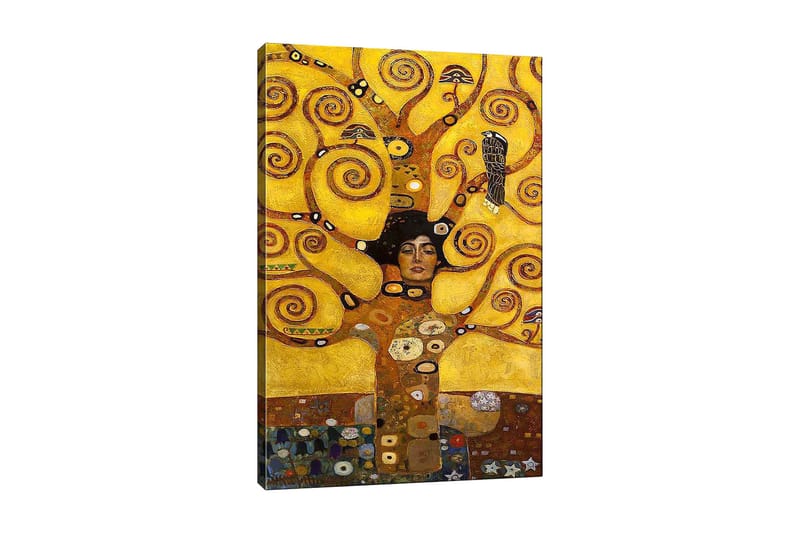 Canvastavla 70x100 cm - Kvinna med stängd ögon omgiven av snurrande, gyllene grenar och symboliska element - Guld / Brun / Svart - Inredning & dekor - Tavlor & konst - Canvastavla