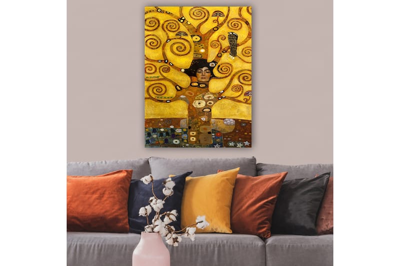 Canvastavla 70x100 cm - Kvinna med stängd ögon omgiven av snurrande, gyllene grenar och symboliska element - Guld / Brun / Svart - Inredning & dekor - Tavlor & konst - Canvastavla