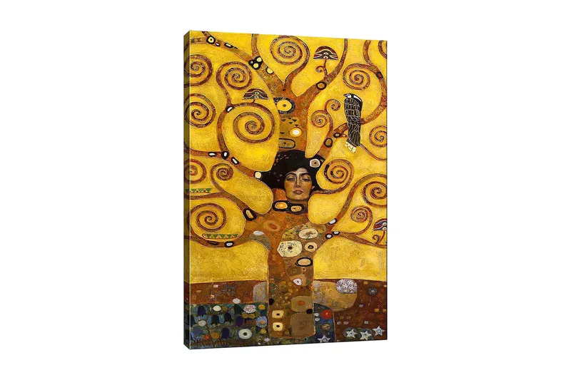 Canvastavla 70x100 cm - Kvinna med stängd ögon omgiven av snurrande, gyllene grenar och symboliska element, Guld / Brun / Svart