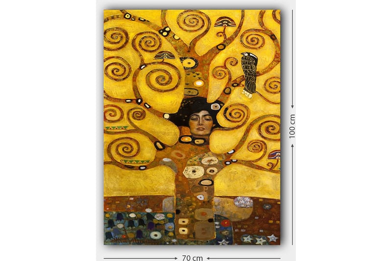 Canvastavla 70x100 cm - Kvinna med stängd ögon omgiven av snurrande, gyllene grenar och symboliska element - Guld / Brun / Svart - Inredning & dekor - Tavlor & konst - Canvastavla