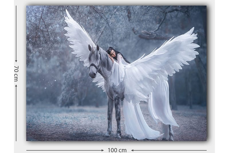 Canvastavla 70x100 cm - Kvinna med vingar som omfamnar ett grått häst med stora vita vingar - Vitt / Grått / Ljusblått - Inredning & dekor - Tavlor & konst - Canvastavla