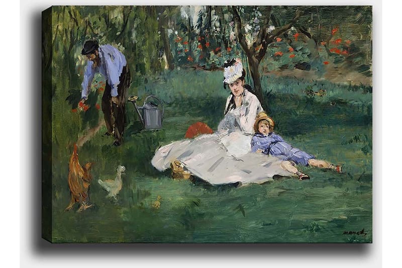 Canvastavla 70x100 cm - Kvinna och ett barn sitter på gräset medan en man vattnar blommor i en trädgård - Grön / Blå / Vit - Inredning & dekor - Tavlor & konst - Canvastavla