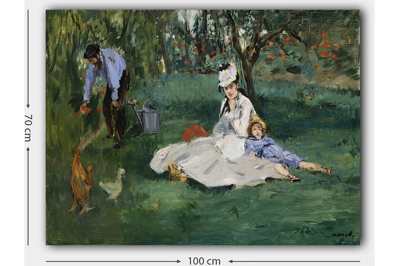 Canvastavla 70x100 cm - Kvinna och ett barn sitter på gräset medan en man vattnar blommor i en trädgård - Grön / Blå / Vit - Inredning & dekor - Tavlor & konst - Canvastavla