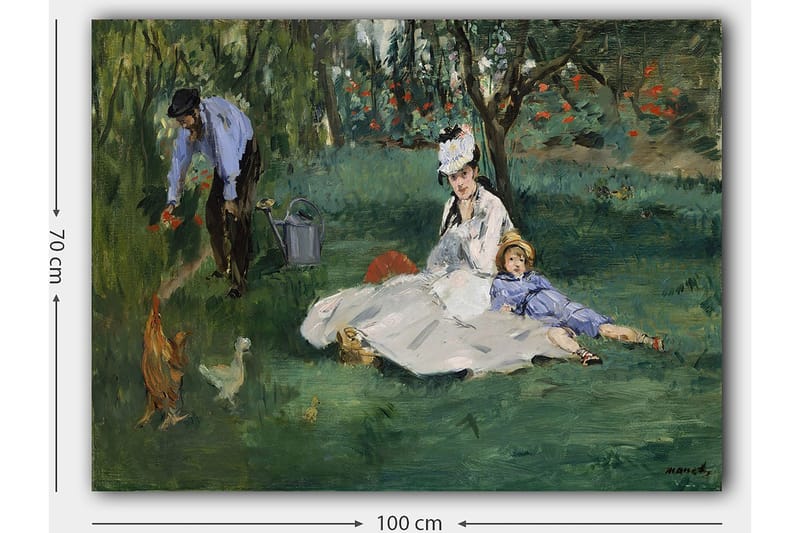 Canvastavla 70x100 cm - Kvinna och ett barn sitter på gräset medan en man vattnar blommor i en trädgård - Grön / Blå / Vit - Inredning & dekor - Tavlor & konst - Canvastavla